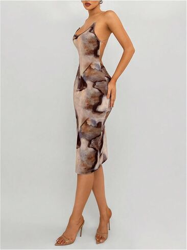 GORGLITTER Women's Tie Dye Backless Bodycon Dress Spaghetti Strap Cami Long Dresses with Slit in Saudi Arabia
