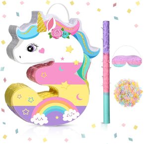 Unicorn Piñata Girl 3rd عيد ميلاد الديكور رقم 3 Piñata Unicorn 3 Piñata 3 Piñata مع عصا العصا عصيدة الفتاة زخرفة حفلة عيد ميلاد للاحتفال بعيد ميلاد الاحتفال