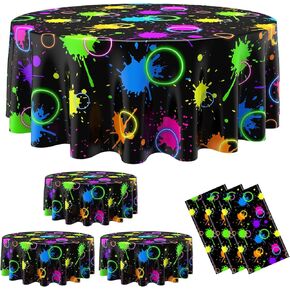 Oudain 6 Pcs Neon Glows Party Table Cloths for Parties 84" Round Disposable Plastic Glow in The Dark Table Covers for Birthday Glowing Black Light Baby Shower Party Supplies Decor