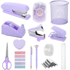 14Pcs Purple Desk Accessories, Purple Office Supplies Desk Supplies Set Office Essentials Stapler and Tape Dispenser Set, with Paper Clips Staple Pen Holder Staple Remover Ruler Scissor Tab Tape Pen