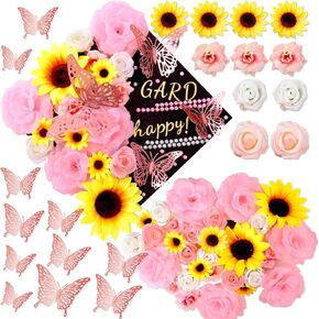 42Pcs DIY Graduation Cap Decorations Pink Graduation Cap Decorations Kit Flower Heads 3D Butterfly Decorations for Grad Hats Decor