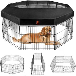 Pjyucien Dog Playpen - Metal Foldable Dog Exercise Pen ، Pet Fence Puppy Crate Cennel Indoor Outdoor With 8 Planels 24 "H & Top Cover for Small Mediance Pets