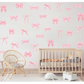 OLMIXA Watercolor Cherry Wall Decal, Fruit Cherry with Pink Bow Wall Stickers, Vinyl Red Cherry Wall Art for Bedroom Kids Room Kitchen Decor