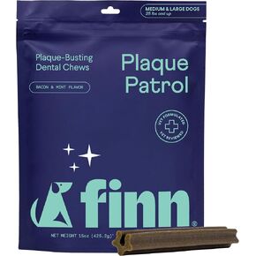 Finn Plaque Patrol Dental Phetal | الدفاع الثلاثي العمل ضد البلاك ، التارتار ، وسوء التنفس | للكلاب المتوسطة/الكبيرة ، 25+ رطل