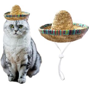 Cat Sombrero Hat Hat Hat Pet Sombrero Hat Cinco de Mayo Meocan Mexican Pet Straw Cap مع حزام ذقن قابل للتعديل (أخضر)