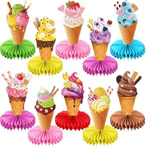 Faccito 10 PCS Ice Cream Honeycomb Menced Centerpieves 3D Ice Ice Cream Party Table Cendpieces Sundae Toppers for Summer Birthday Party Supplies