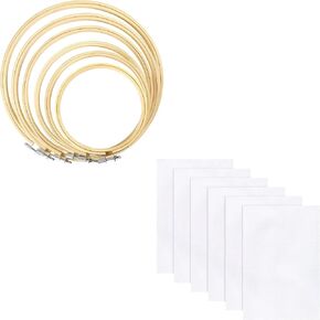 Caydo 6 Pieces Embroidery Hoop Set Bamboo Circle Cross Stitch Hoop with 6 Pieces Aida Cloth 14 Count White Cross Stitch Fabric for Embroidery and Cross Stitch