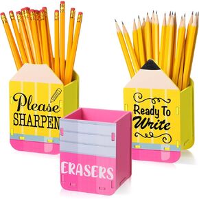 3 Pcs Sharp and Dull Pencil Holder Eraser Buckets Wooden Shaped Dispenser for Back to School Teachers Classroom Management(Face Pattern)