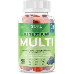 SUKU Vitamins Teen Girl Gummies - مكمل فيتامينات نباتية خالية من السكر مع 19 عنصرًا غذائيًا أساسيًا يقوي العظام والعضلات ويعزز الطاقة وصحة الجلد - نكهة الكرز (60 قطعة)