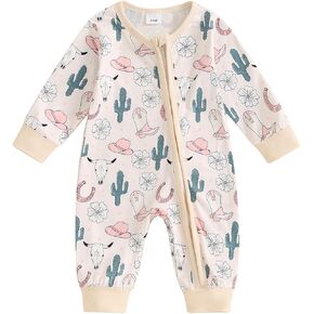 SAYOO Western Boots Baby Cowgirl Clothes Zipped Fall Romper Outfit for Newborn Girl Cow Print Bow Print One-piece Jumpsuit