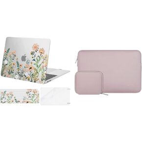 MOSISO Compatible with MacBook Air 13 inch Case 2018-2022 Release A2337 M1 A2179 A1932, Plastic Wild Flowers Hard Case&Neoprene Sleeve Bag&Keyboard Cover&Screen Protector, Transparent&Baby Pink