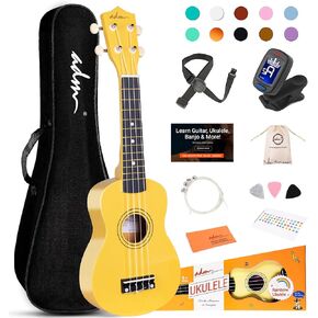 ADM Soprano Ukulele for Beginners 21 Inch Hawaiian Wood Ukelele Kit for Kids Adult Student Starter Professional Ukalelee Pack Bundle with Free Lessons Gig Bag Strap Nylon String Tuner Pick, Black