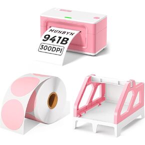 MUNBYN Bluetooth Thermal Label Printer 941B+2 Inch Pink Circle Thermal Sticker Labels+Pink Label Holder