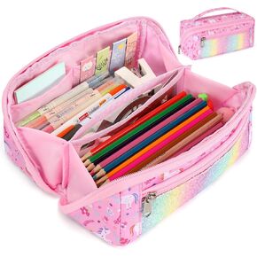 Pencil Case for Girls - Large Capacity Pencil Pouch for Kids Wide Opening Pencil Bag with 8 Compartments Special Cute Pen Case for School (Glitter Pink Unicorn)