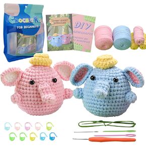 Beginner Crochet Kit for Adults Kids, 2PCS Elephant Crochet Animal Kit with Step-by-Step Video Tutorials, Crochet Kit for Beginners Women Men DIY Craft Knitting Crochet Starter Kit Gift