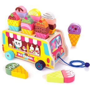 Tamy & Zee Wooden Ice Cream Truck ، 27 PCS Magnetic Ice Cream Play Play Food and Accessories ، Montessori Sorting & Stading Toys for Toddler Girls & Boys Age 3+...