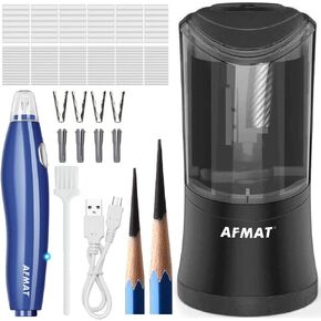 Afmat Long Point Pencil Sharpener ، ومرر قلم رصاص قابل لإعادة الشحن لأقلام كبيرة من 6 إلى 9.6 ملم ، وممحاة كهربائية قابلة للشحن للفنانين ، و 140 إعادة تعبئة ممحاة
