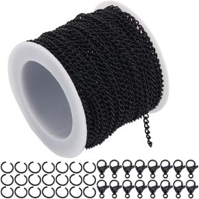 33 قدمًا/10M 3MM 3 مم روابط سلسلة أسود كبح كوب من الحديد سلسلة ارتباط بيضاوي مع كبول و 20pcs clasps جراد البحر و 50pcs قسوة القفز قلادة صنع مجموعة من مجوهرات الحرف اليدوية DIY