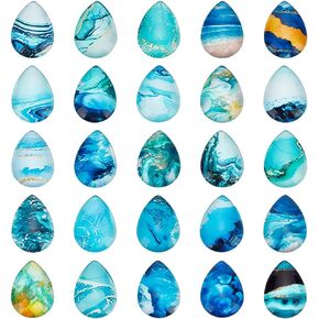 PH Pandahall 50pcs 25 أنماط المحيط موضوع الكابوشينات الزجاجية للدموع ، والموضوع البحري ماء إسقاط كابوشونات الزجاج البلاط الفسيفساء لفصل الربيع الصيف الساحلي القلادة الصمغ الصنع المجوهرات ، 25 × 18mm