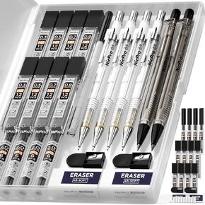 نيكبرو 6 PCS آنان آلي أقلام الرصاص مع علبة ، صياغة قلم رصاص 0.5 و 0.7 و 0.9 مم و 3pcs 2mm حامل الرصاص (4B 2B HB 2H) للكتابة الفنية ، رسم رسم ، مع محايات إعادة التعبئة الرصاص
