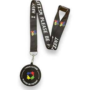 حبل التوعية بالتوحد - لدي مرض التوحد من فضلك كن صبورًا ومطابقة PVC 3D Visual Lanyard Disc - حجم الأطفال (أسود)