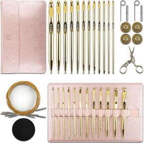 27Pc Gold Plated Tunisian Crochet Hooks Set 3mm-10mm, Interchangeable Aluminum Crochet Hook with Cable, Long Crochet Hooks for Tunisian Crochet, Versatile Crochet Hook Set for Craft Enthusiasts