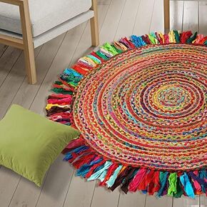 GRUHUM Cotton Area Rug 5ft-Natural Fiber Round Multicolour Handmade Boho Charm Farmhouse Soft Braided Rustic Vintage for Living Room Bedroom Indoor EcoFriendly Kitchen Enterways Hallways(5'ft Round) in Kuwait