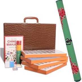 مجموعة Mahjong الصينية ، مع X-Large (1.5 ") 144 ترقيم البلاط الأزرق الميلامين ، 2 بلاطات احتياطية ، 6 زهر ومؤشر رياح ، تحمل علبة السفر مع تعليمات اللغة الإنجليزية ، Mahjong Mat (Green)