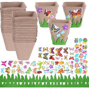 baotongle 30pc Square Garden Paper Pot Craft Kit Flower Plant Spring Craft with 8 Sheet Adhesive Foam Stickers 30 PCS Paper Mache Pots 78inches Green Grass Sitcker Border for DIY