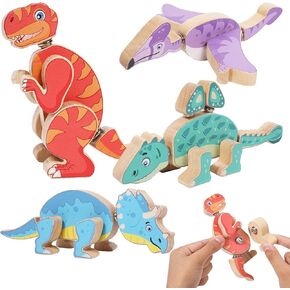 FEMBW Dinosaur Wooden Building Blocks, Montessori Snap Together Dino Toys, STEM Educational Fine Motor Skill Learning Gifts for Kids 3-5, 5-7, Preschool Boys and Girls, Take Apart Playset for Toddlers