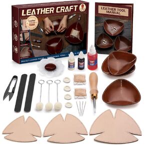 CBHGFEA Leather Tooling Kit Leather Tray Kit (S, M, L) with Vegetable Tanned Leather Edge Beveler Wax Thread and Step-by-Step Video Tutorial for Crafting Desktop Storage Leather Kit for Adults