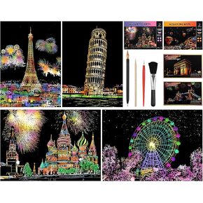 Jianta Scratch Rainbow Painting Paper ، 16pcs Rainbow Sketch Pads DIY Craft City Series Night Viewboard مع مجموعة أدوات الخدش للبالغين والأطفال (8pcs A4 + 8pcs A5)
