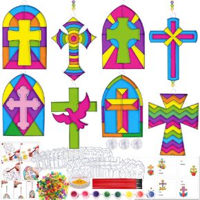 Worldbazaar Christian Cross Suncatchers Crafts for Kids 24 Sets DIY Window Window Painting Kits Sunday VBS Holy Week Classroom Sistems Party Party Forms