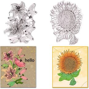Alibbon 2PCS Summer Flower Flower Clear Stamps لصنع البطاقات وزينة ألبوم الصور ، طوابع عباد الشمس ، طوابع ليلي الشفافة للسيليكون لصياغة و DIY Scrapbooking