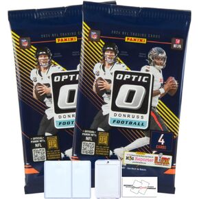 2 عبوة من 2024 Panini Donruss Optic Football Blaster Pack مع 4 بطاقات تداول لكل حزمة (8 بطاقات إجمالية) + 2 Toploaders + Magnetic Holder + Streetcards Magnet!