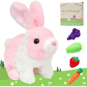 Easfan Walking Rabbit Interactive Electronic Pet Plush Bunny Toy with Sounds and Movements Hopping Rabbit Ears Moving Educational Plush Toy Easter Birthday Gifts for Kids Girls, 7'',White-Pink