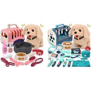 ألعاب G.C Dog for Kids ، والمشي نباحًا تفاعليًا إلكترونيًا محشوًا بالكلب مع شركة النقل والملحقات التظاهر بتشغيل Prappy Pet Care Playet ، هدايا للفتيات الصغيرات 3 4 5 سنوات من العمر