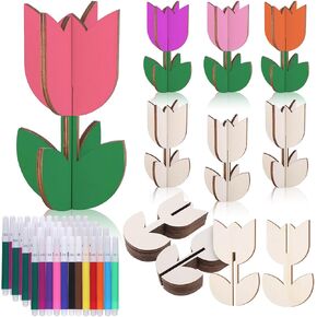 96 Pcs Unfinished Wooden Tulips Cutouts with Color Pens Paintable 3D Spring Flower Wood Slices Ornaments Tulips Shaped Craft Table Signs for Mother's Day Gifts DIY Crafts Home Office Table Decoration