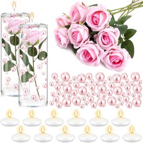 Riceshoot 326 Pcs Floating Flowers Vase Fillers Kit 12 Artificial Rose 12 Floating Candle Centerpieces 300 Pearl 2 Bags Water Gels Flowers Vase Fillers for Wedding Table Centerpiece