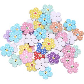 Wooden Buttons - 2cm Colorful Flowers 2 Holes, 50 Pcs (Random Color)