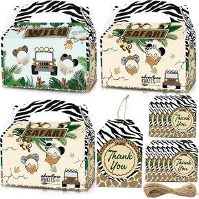 Apinwin 12PCS Mouse Safari Party Gift Boxes With Thank You Card Tags, Wild Adventure Animal Safari Goodie Candy Bags for Birthday Baby Shower Decoration Supplies