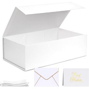 VGOODALL Luxury White Gift Box with Lid, 14x8.7x4.3inches - Magnetic Closure, Ribbon & Greeting Card for Birthdays, Graduation, Weddings