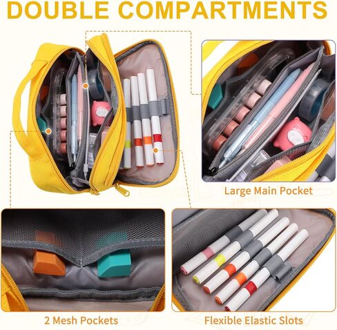 VASCHY Pencil Case, Large Cute Pencil Pen Pouch Organizer w Zippers Top Handle School Supplies for Kids,Teens,Students,Adults Yellow in Kuwait