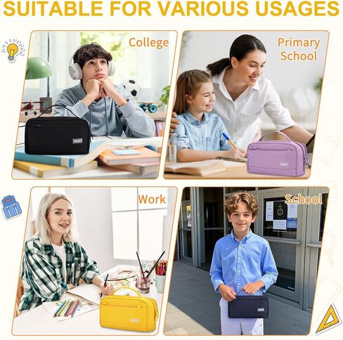 VASCHY Pencil Case, Large Cute Pencil Pen Pouch Organizer w Zippers Top Handle School Supplies for Kids,Teens,Students,Adults Yellow in Kuwait