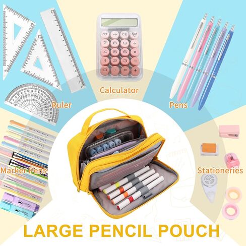 VASCHY Pencil Case, Large Cute Pencil Pen Pouch Organizer w Zippers Top Handle School Supplies for Kids,Teens,Students,Adults Yellow in Kuwait