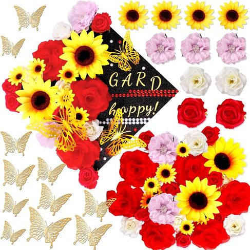 42Pcs DIY Graduation Cap Decorations Pink Graduation Cap Decorations Kit Flower Heads 3D Butterfly Decorations for Grad Hats Decor in Saudi Arabia