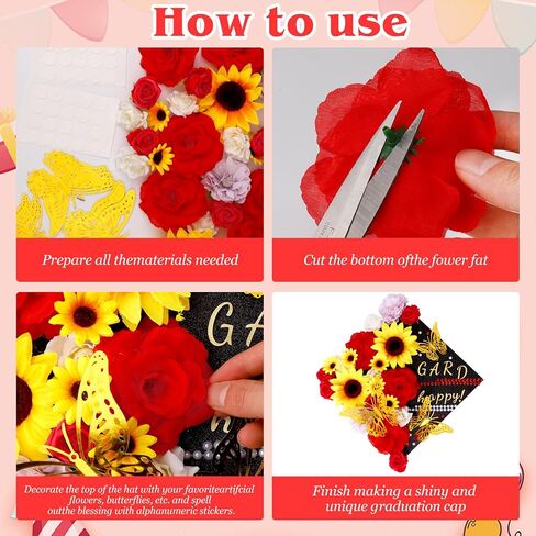 42Pcs DIY Graduation Cap Decorations Pink Graduation Cap Decorations Kit Flower Heads 3D Butterfly Decorations for Grad Hats Decor in Saudi Arabia