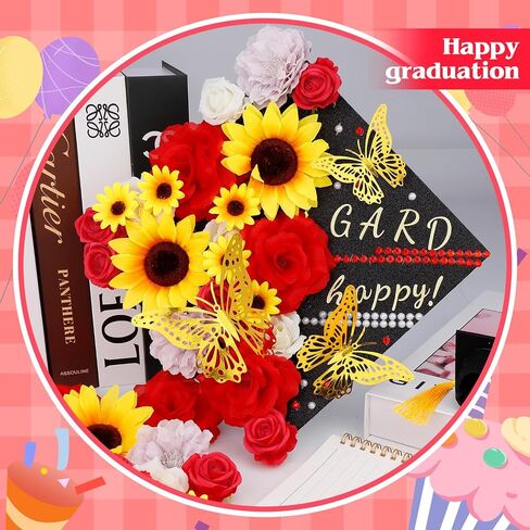 42Pcs DIY Graduation Cap Decorations Pink Graduation Cap Decorations Kit Flower Heads 3D Butterfly Decorations for Grad Hats Decor in Saudi Arabia