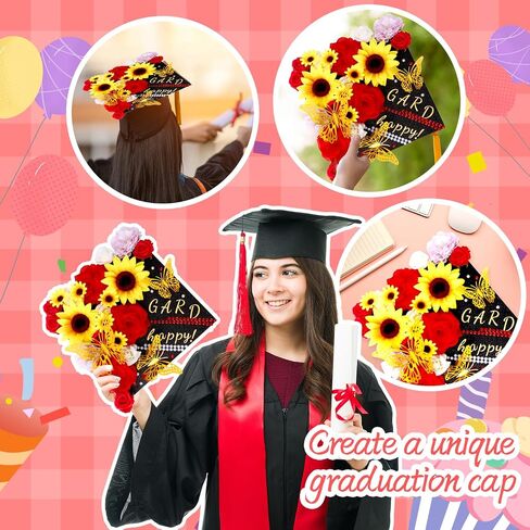 42Pcs DIY Graduation Cap Decorations Pink Graduation Cap Decorations Kit Flower Heads 3D Butterfly Decorations for Grad Hats Decor in Saudi Arabia