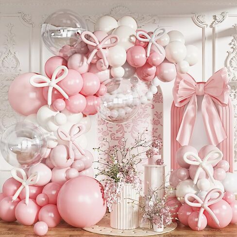 Pastel Pink and White Coquette Balloons Arch, 134 PCS Light Baby Dusty Pale Pink Bow Balloon Garland mit 18 Inch Clear Balloons *5, Long Balloon as Bow Decor for Girls Just Wanna Be One Birthday in Saudi Arabia